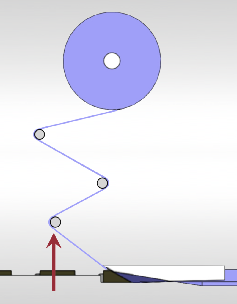 Adjust the dance roller upward to increase the angle of the flexible packaging material